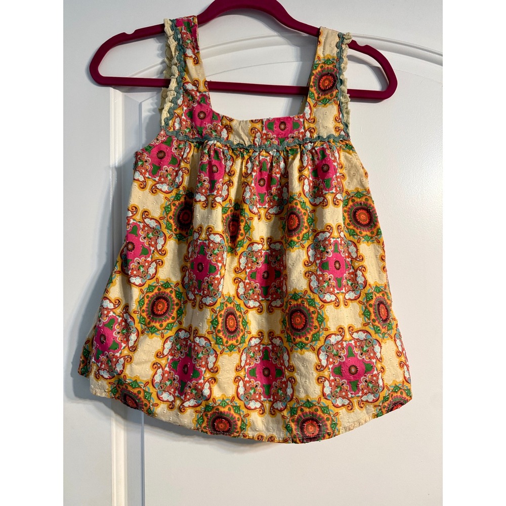 Letmebe Sleeveless Blouse Womens Size 2 Yellow Pink Boho Ric Rac Paisley Gypsy